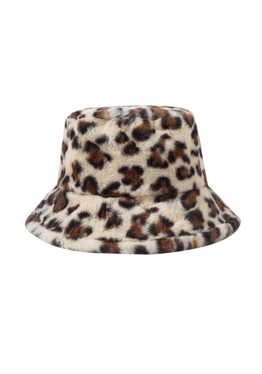 Leopard Print Faux Wool Plush Bucket Hat - cherrykittenLeopard Print Faux Wool Plush Bucket Hat