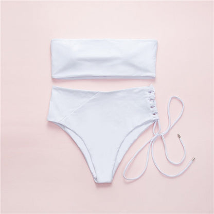 White Bandeau High Waist Bikini Set - cherrykittenWhite Bandeau High Waist Bikini Set
