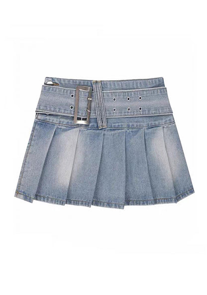 Denim Pleated Belted Mini Skirt