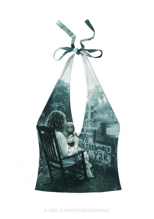 Halloween Graveyard Doll Y2K Print Halter Deep V Neck Cami Cherrykitten