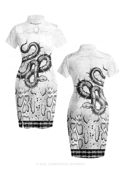 Halloween White Thorn Wrapped Snake Y2K Cheongsam Mini Dress Cherrykitten