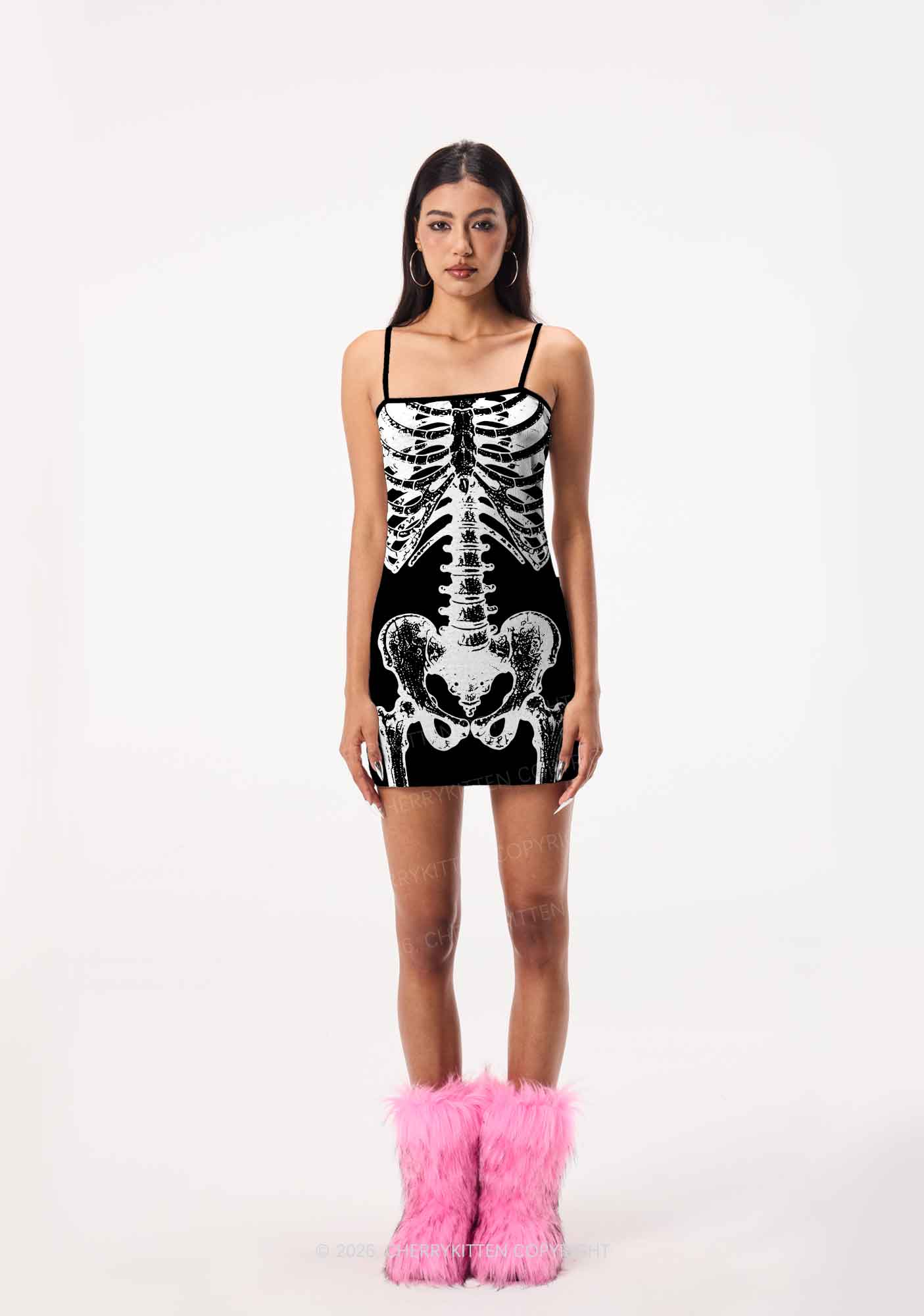 Halloween Anatomical Pelvis Y2K Print Slip Dress Cherrykitten