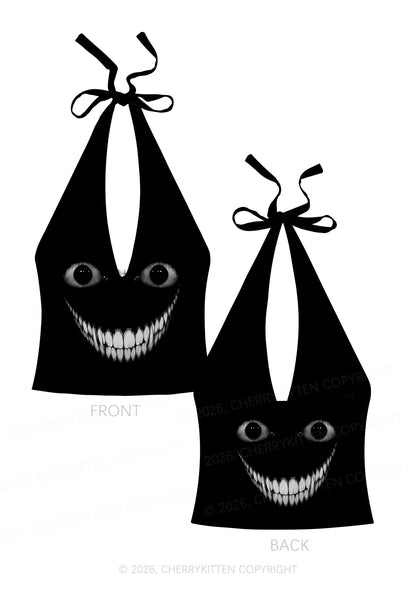Halloween Black Creepy Grin Y2K Print Halter Deep V Neck Cami Cherrykitten