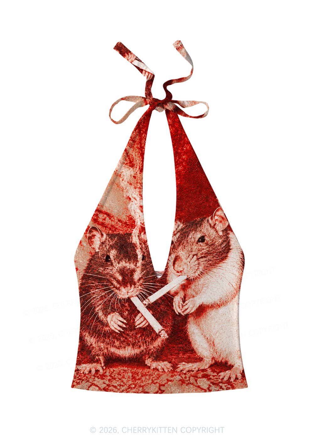 Halloween Blood Smoking Ratz Y2K Print Halter Deep V Neck Cami Cherrykitten