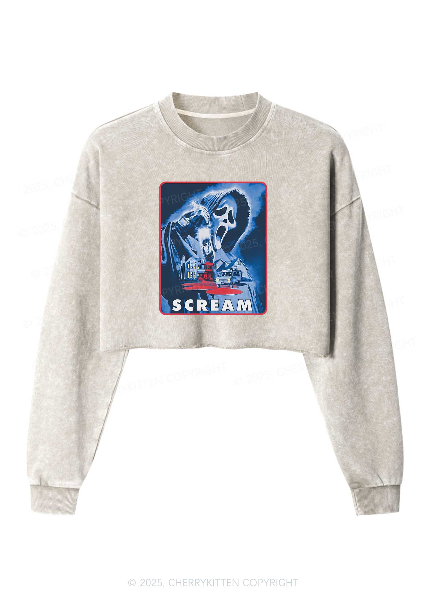 Halloween Scream Y2K Crop Washed Sweatshirts Cherrykitten