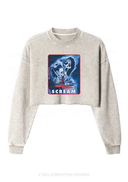 Halloween Scream Y2K Crop Washed Sweatshirts Cherrykitten