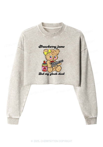 Strawberry Jams Bear Y2K Crop Washed Sweatshirts Cherrykitten