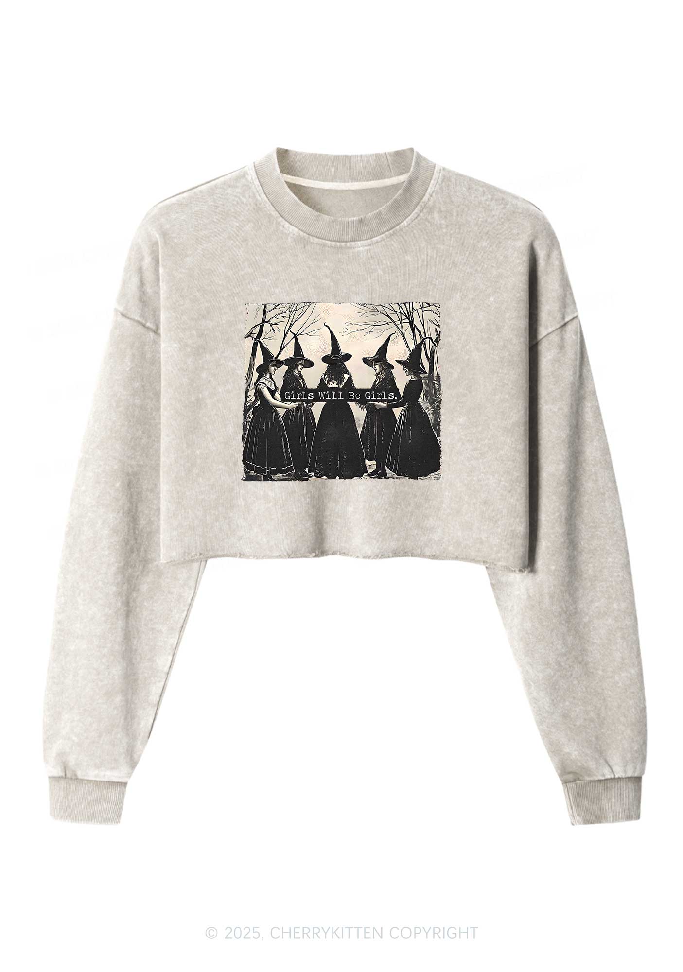 Halloween Girls Will Be Girls Y2K Crop Washed Sweatshirts Cherrykitten