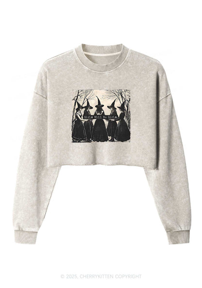 Halloween Girls Will Be Girls Y2K Crop Washed Sweatshirts Cherrykitten
