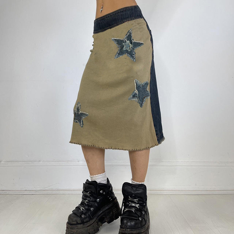 Paneled Star Denim Skirt