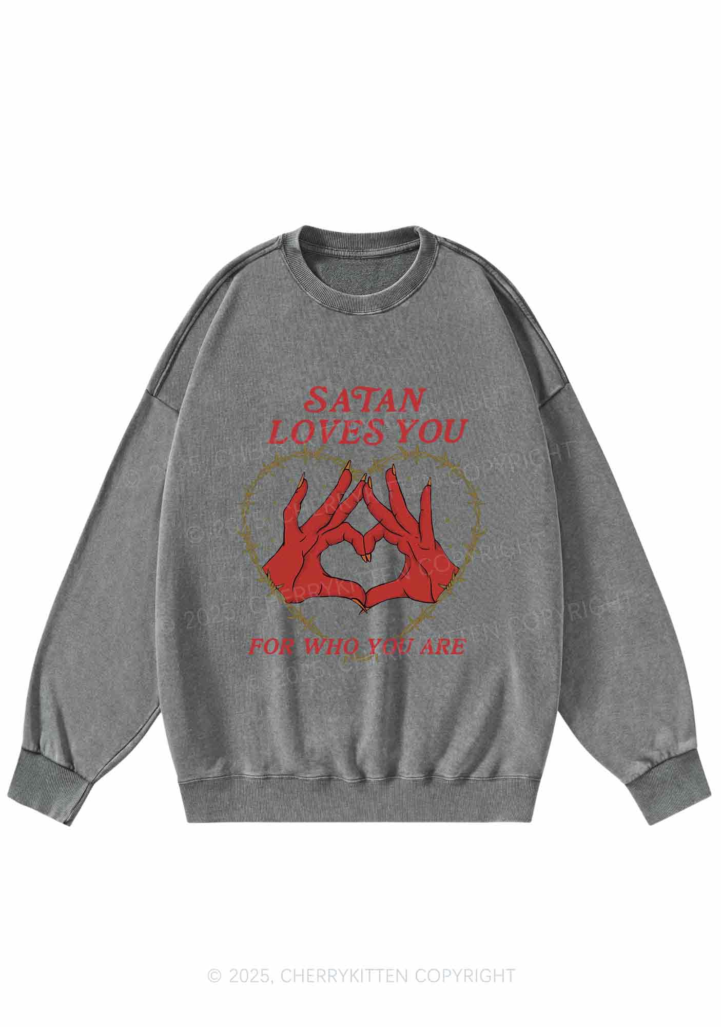 Halloween Satan Loves You Heart Y2K Washed Sweatshirts Cherrykitten