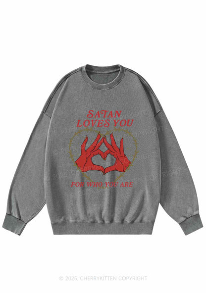 Halloween Satan Loves You Heart Y2K Washed Sweatshirts Cherrykitten