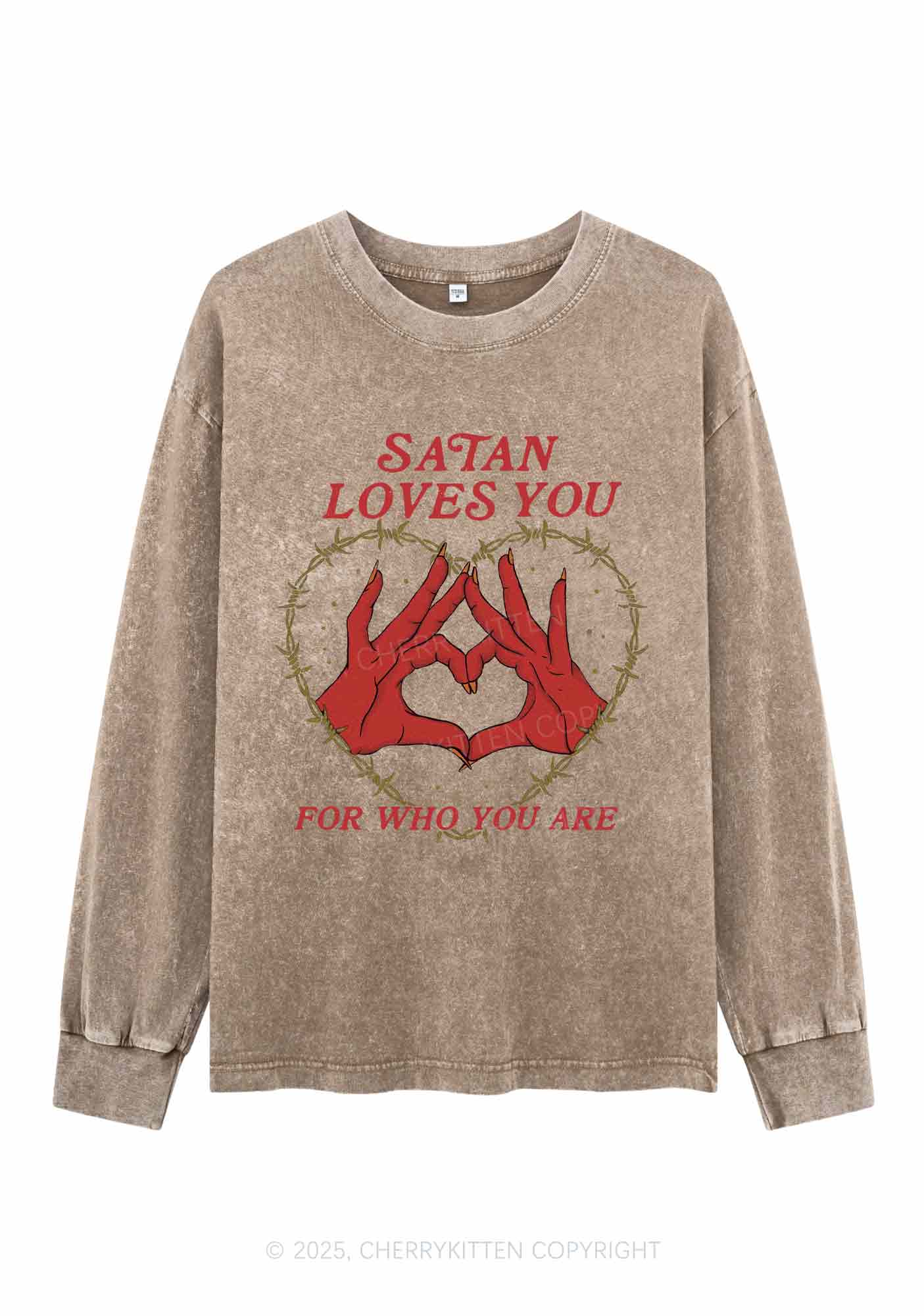 Halloween Satan Loves You Heart Y2K Washed Long Sleeves Cherrykitten