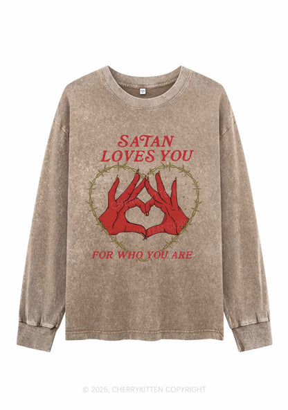Halloween Satan Loves You Heart Y2K Washed Long Sleeves Cherrykitten
