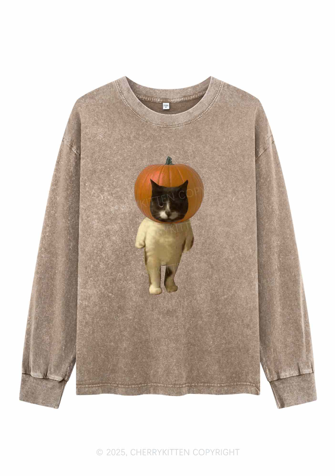 Halloween Pumpkin Head Cat Y2K Washed Long Sleeves Cherrykitten
