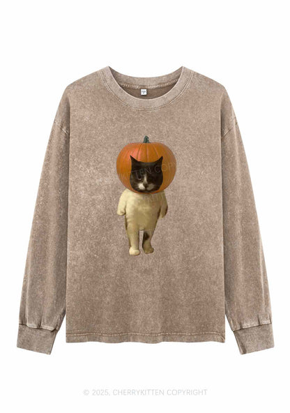 Halloween Pumpkin Head Cat Y2K Washed Long Sleeves Cherrykitten