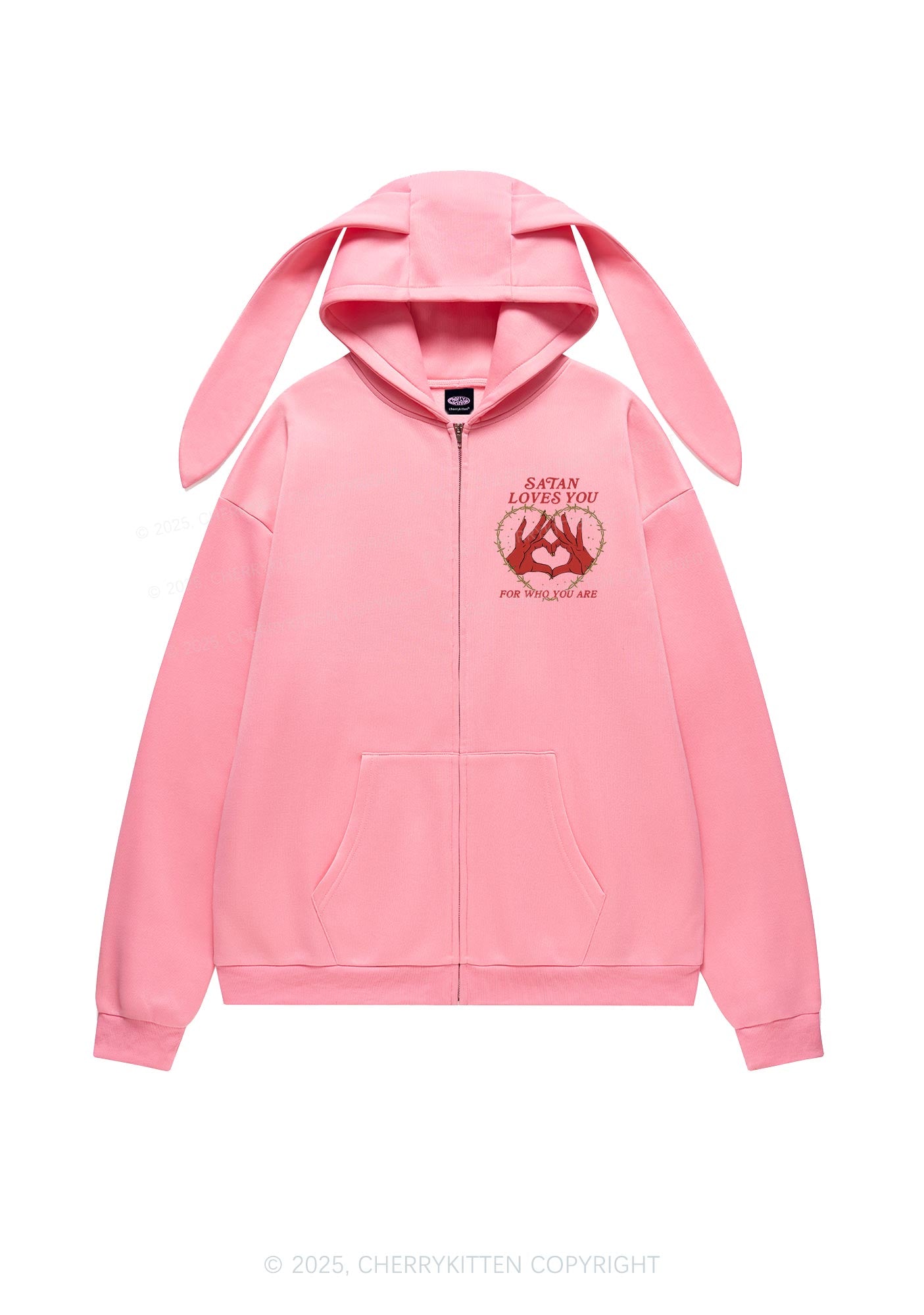 Halloween Satan Loves You Heart Y2K Bunny Ear Zip Hoodie Cherrykitten