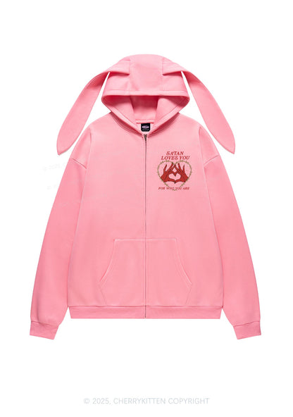 Halloween Satan Loves You Heart Y2K Bunny Ear Zip Hoodie Cherrykitten