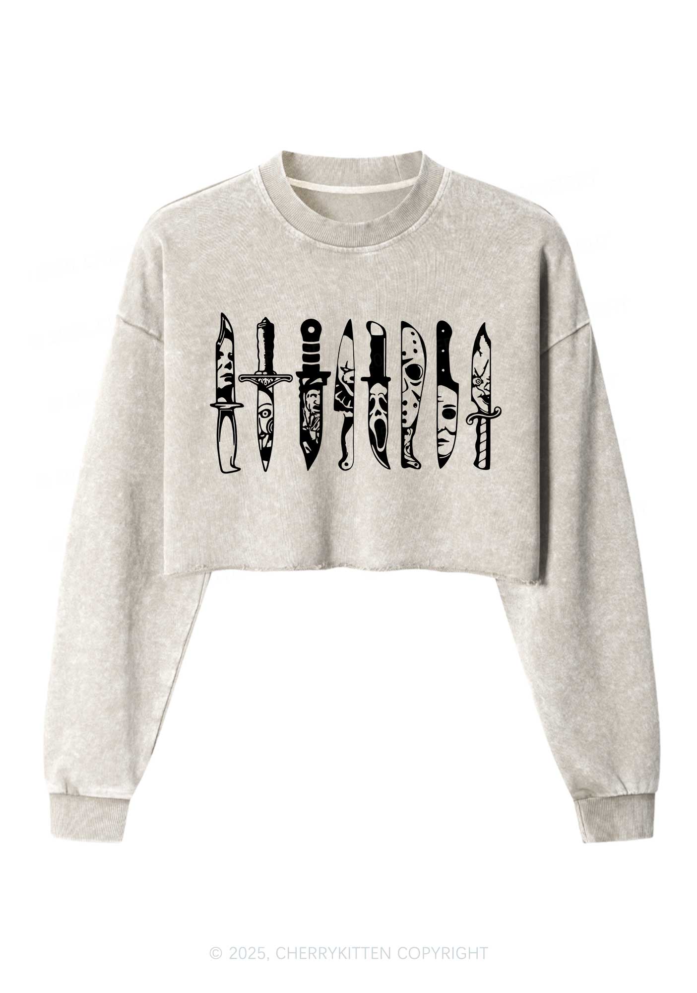Halloween Grimace Daggers Y2K Crop Washed Sweatshirts Cherrykitten