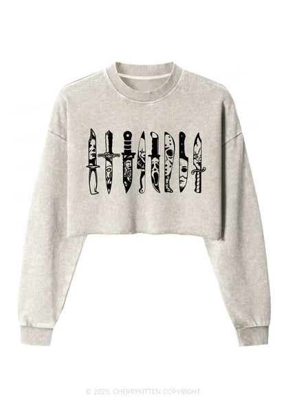 Halloween Grimace Daggers Y2K Crop Washed Sweatshirts Cherrykitten