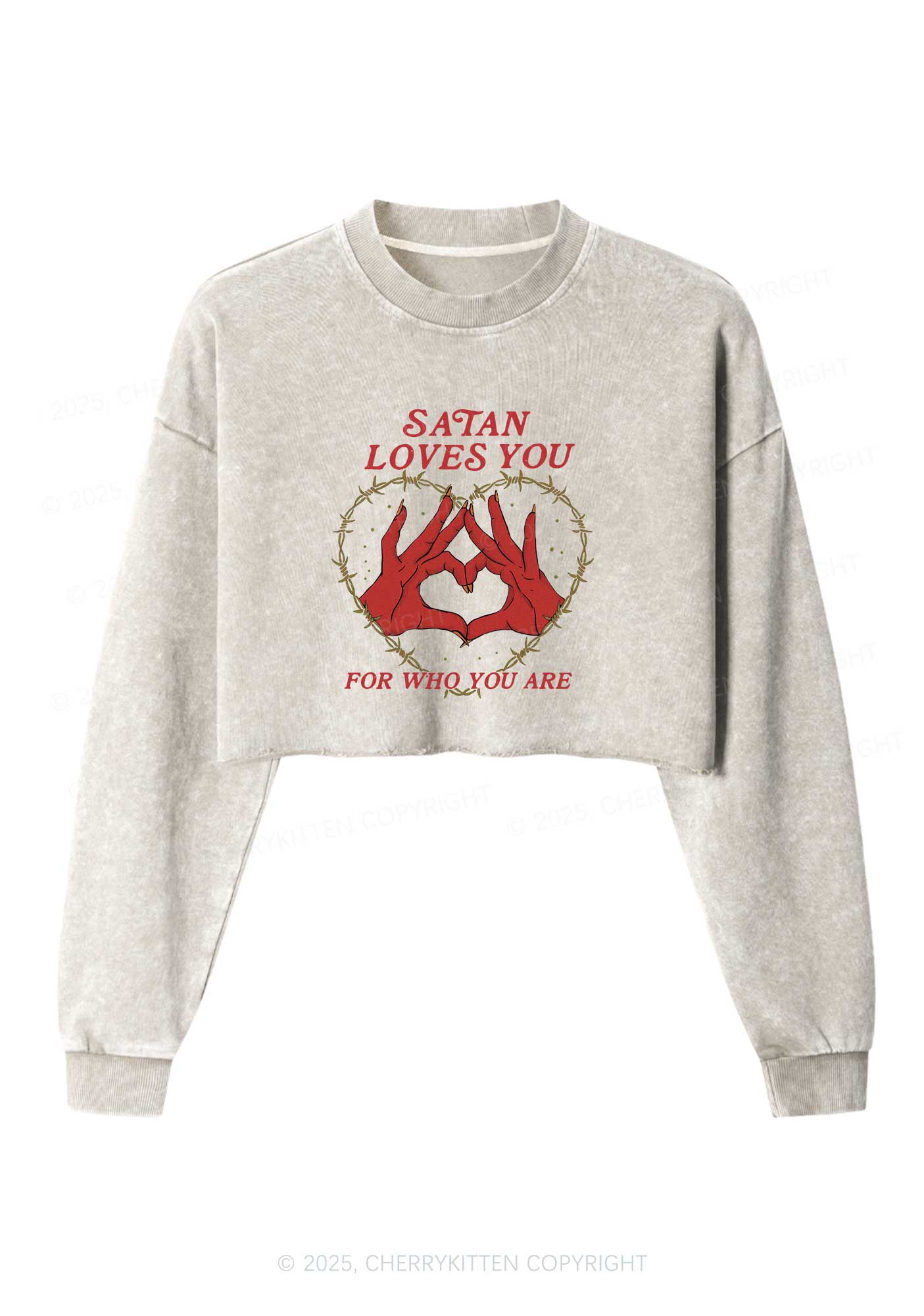 Halloween Satan Loves You Heart Y2K Crop Washed Sweatshirts Cherrykitten