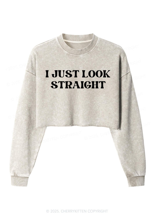 I Just Look Straight Y2K Crop Washed Sweatshirts Cherrykitten