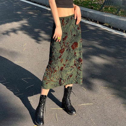 Chinese Style Literary Retro Print Straight Mid Length Skirt