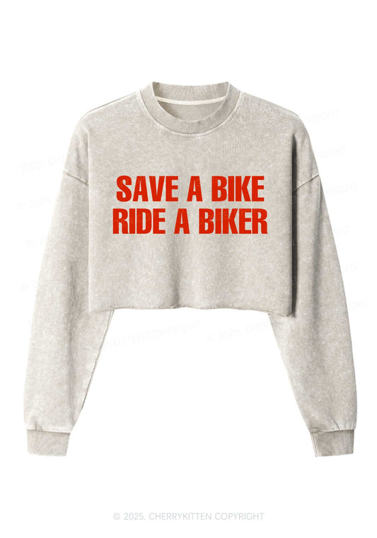 Save Bike Ride Biker Y2K Crop Washed Sweatshirts Cherrykitten