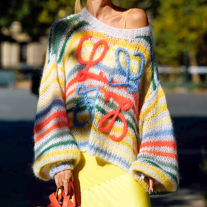 Rainbow Contrast Striped Sweater Top Cherrykitten