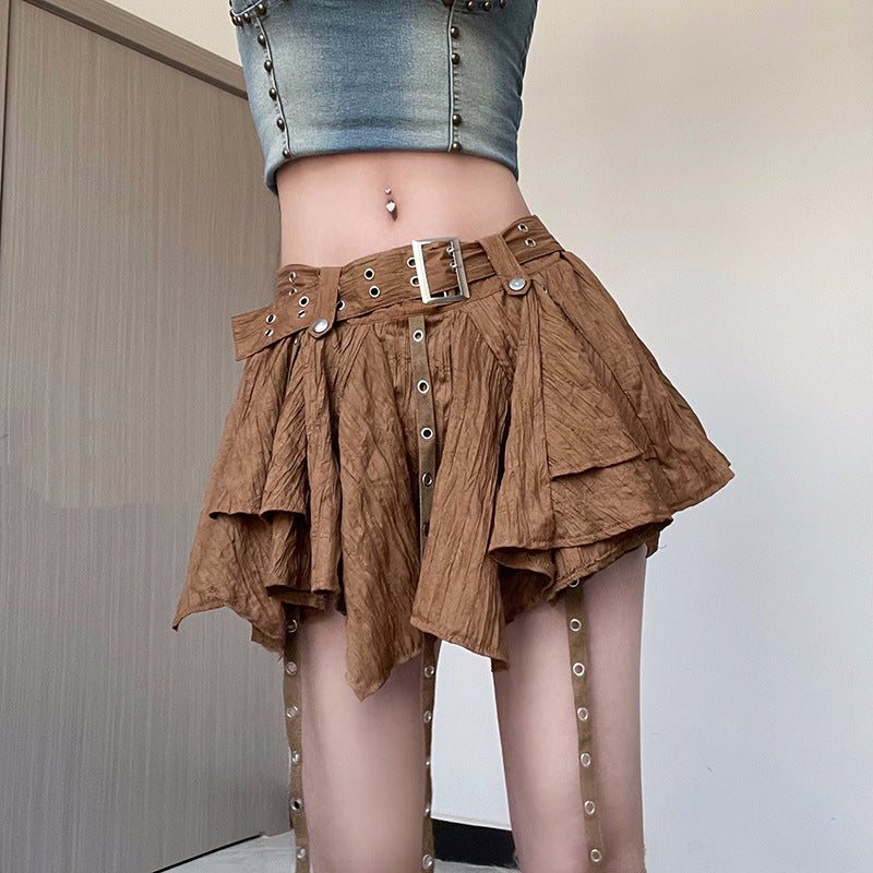Brown Low Waist Irregular Hem Ribbon Skirt