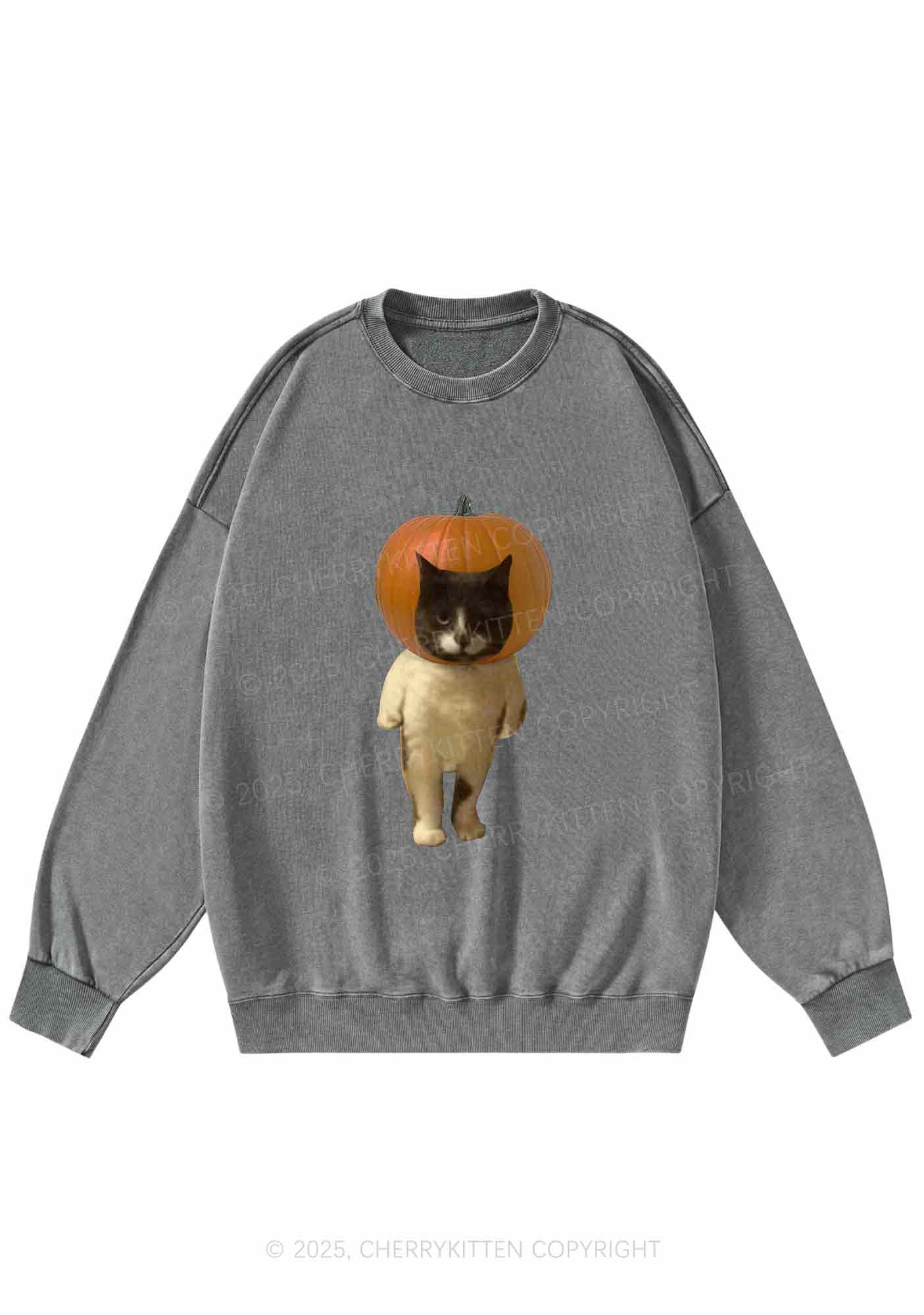 Halloween Pumpkin Head Cat Y2K Washed Sweatshirts Cherrykitten