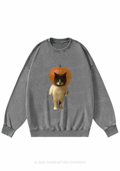 Halloween Pumpkin Head Cat Y2K Washed Sweatshirts Cherrykitten