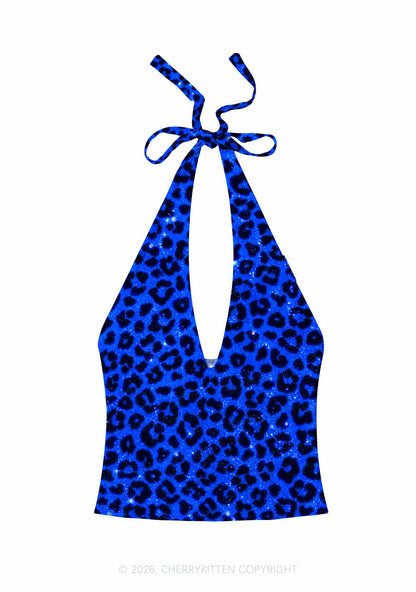 Royal Blue Leopard Y2K Print Halter Deep V Neck Cami Cherrykitten