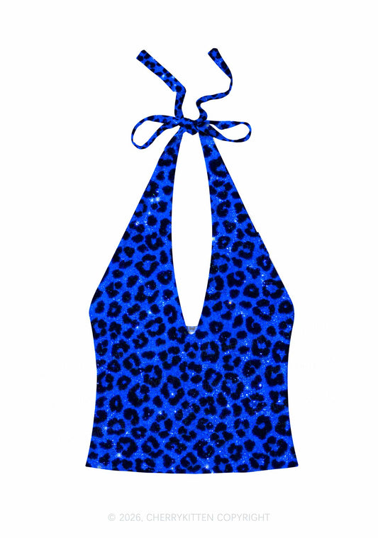 Royal Blue Leopard Y2K Print Halter Deep V Neck Cami Cherrykitten
