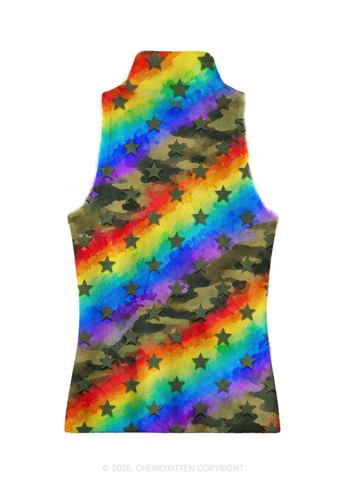 Rainbow Camo Star Y2K Knit Turtleneck Tank Top Cherrykitten