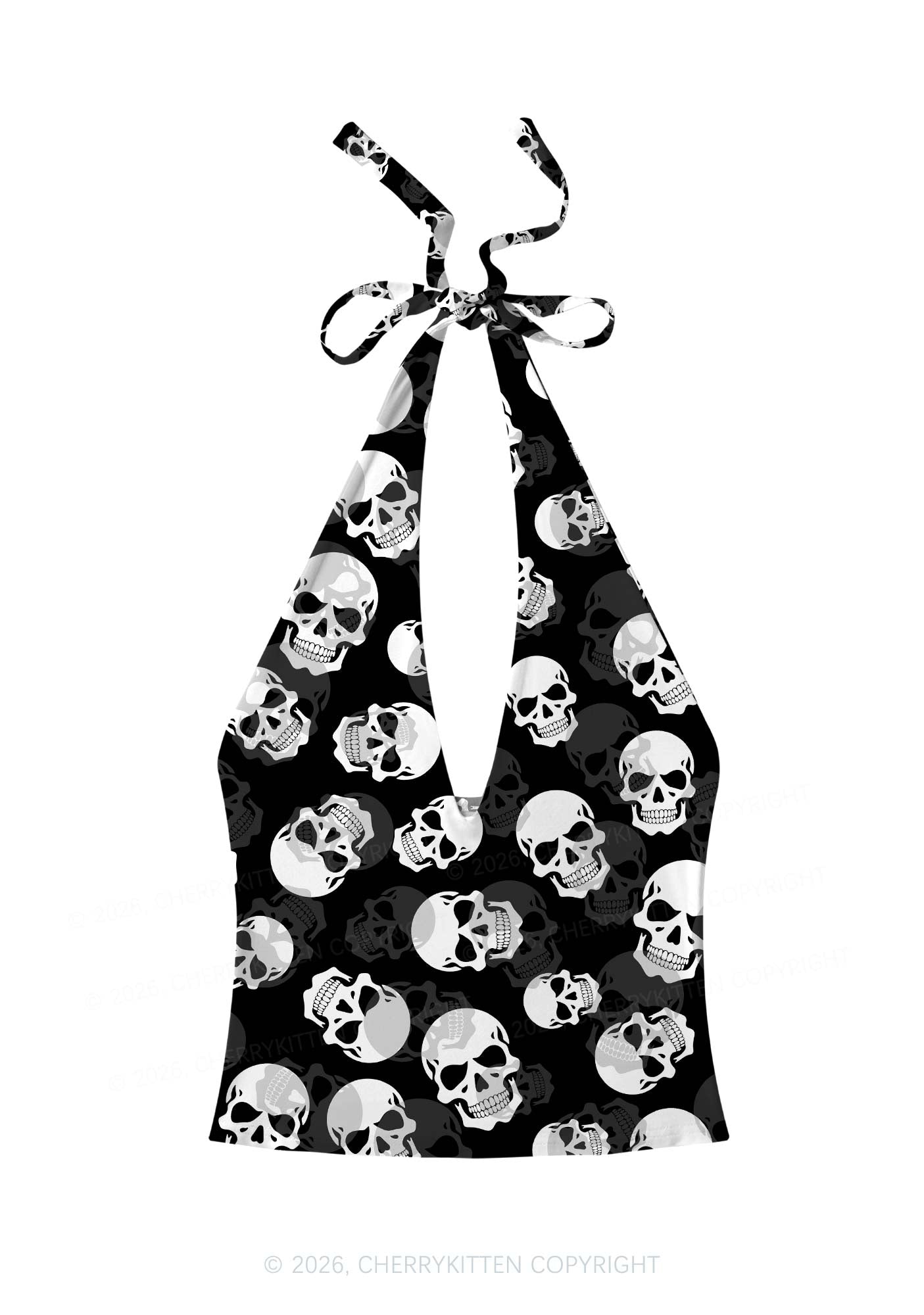 Halloween White Skull On Black Y2K Print Halter Deep V Neck Cami Cherrykitten