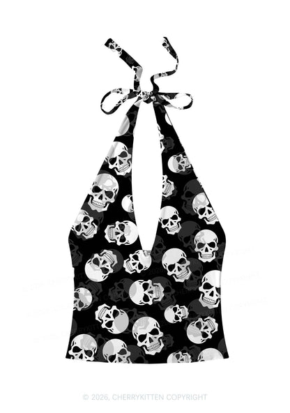 Halloween White Skull On Black Y2K Print Halter Deep V Neck Cami Cherrykitten