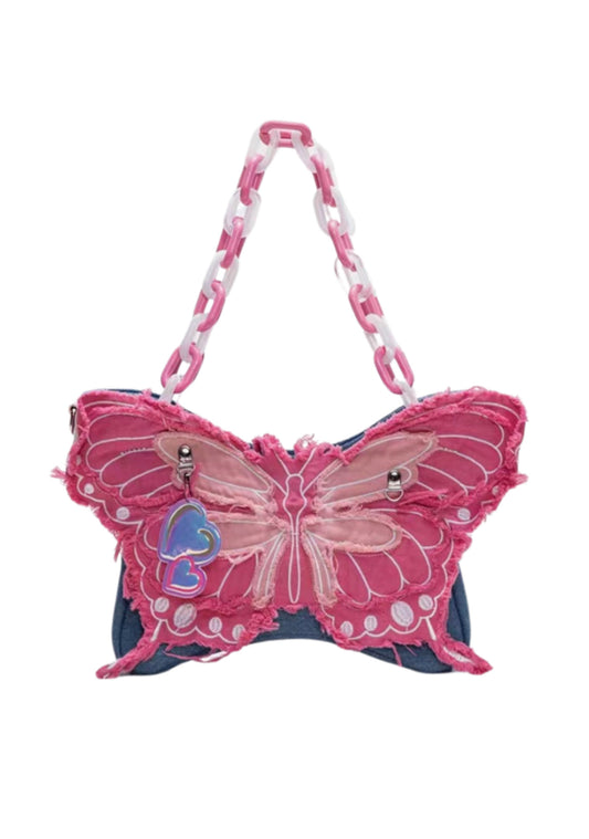 Acrylic Chain Y2K Pink Butterfly Denim Armpit Bag