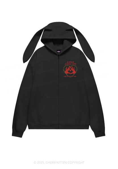 Halloween Satan Loves You Heart Y2K Bunny Ear Zip Hoodie Cherrykitten