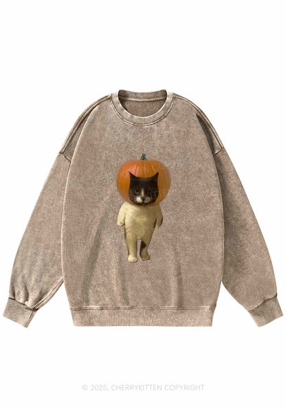 Halloween Pumpkin Head Cat Y2K Washed Sweatshirts Cherrykitten