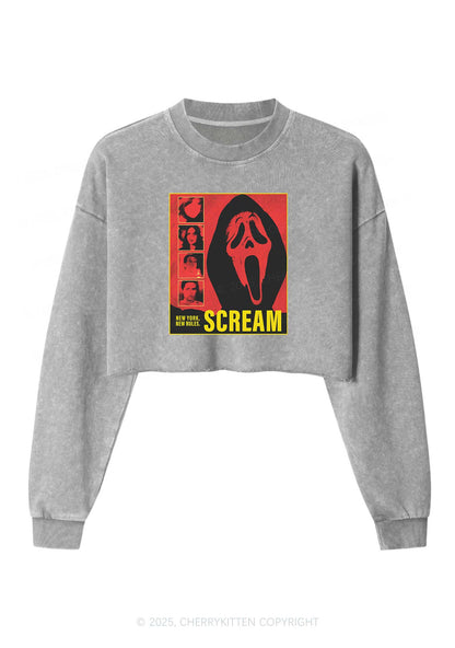 Halloween Scream New York Y2K Crop Washed Sweatshirts Cherrykitten