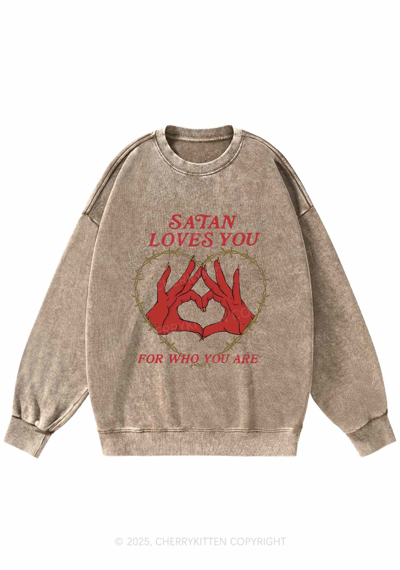 Halloween Satan Loves You Heart Y2K Washed Sweatshirts Cherrykitten
