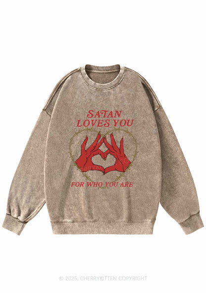 Halloween Satan Loves You Heart Y2K Washed Sweatshirts Cherrykitten