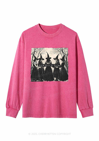 Halloween Girls Will Be Girls Y2K Washed Long Sleeves Cherrykitten