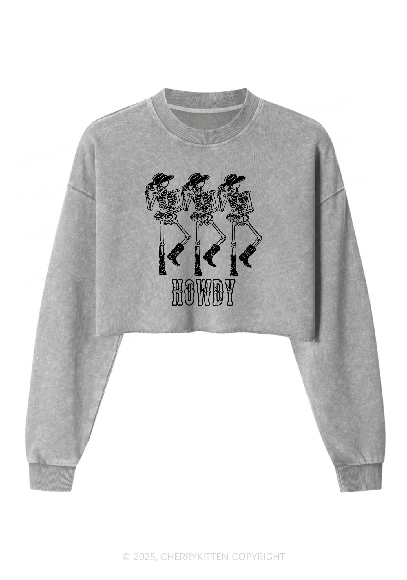 Halloween Howdy Dancing Skeletons Y2K Crop Washed Sweatshirts Cherrykitten