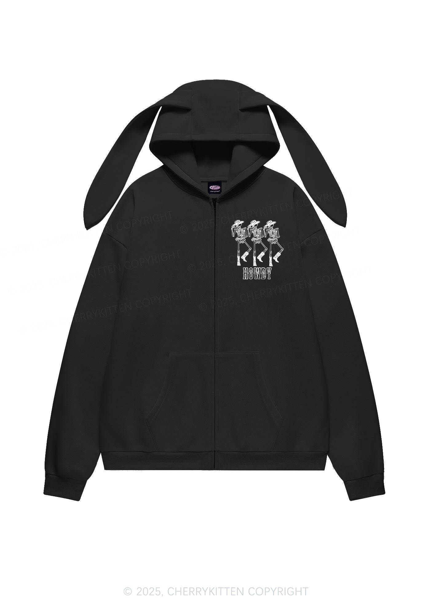 Halloween Howdy Dancing Skeletons Y2K Bunny Ear Zip Hoodie Cherrykitten