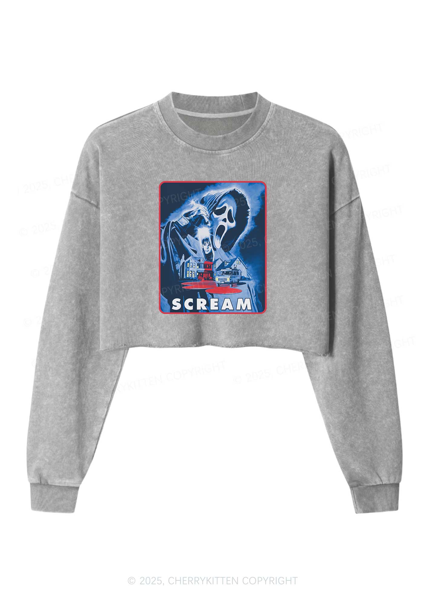 Halloween Scream Y2K Crop Washed Sweatshirts Cherrykitten