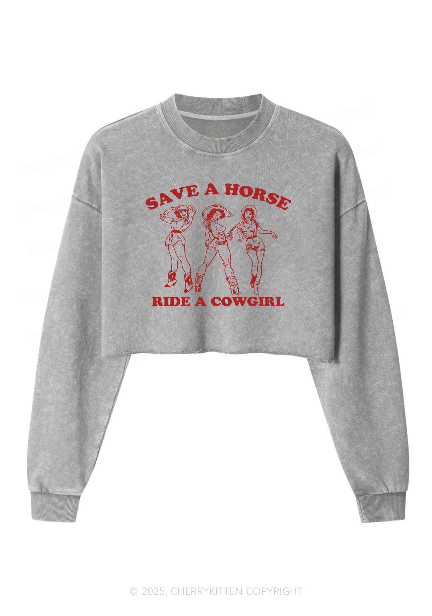 Ride A Cowgirl Pride Y2K Crop Washed Sweatshirts Cherrykitten