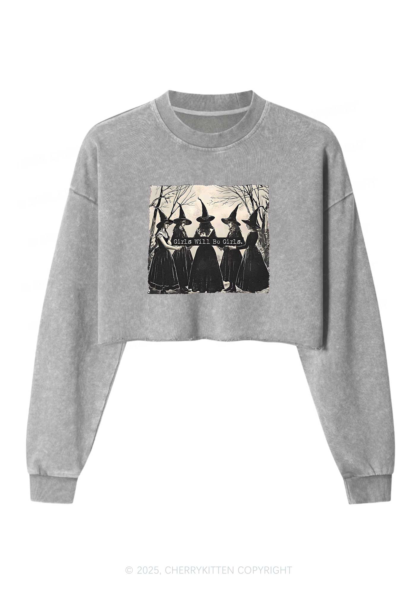 Halloween Girls Will Be Girls Y2K Crop Washed Sweatshirts Cherrykitten