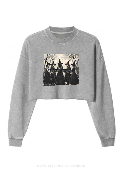 Halloween Girls Will Be Girls Y2K Crop Washed Sweatshirts Cherrykitten